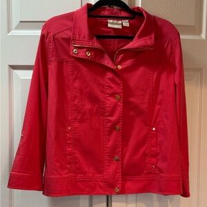 Chico's Coral Pink Utility Jacket Zip & Snap Front Roll Tab Sleeves Size 2 Large